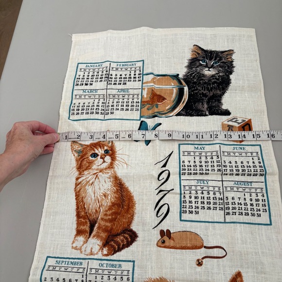 VTG 1979 Kay Dee Calendar Tea Towel Linen Kittens Mice Butterfly Fish Bowl - Picture 8 of 9
